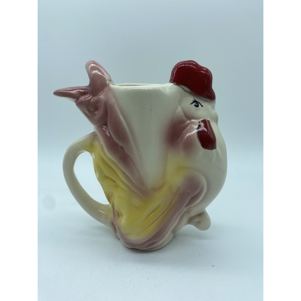 Vintage Art Pottery Rooster  Vase W Handle MCM Pink Yellow La Gruta Bar Rest